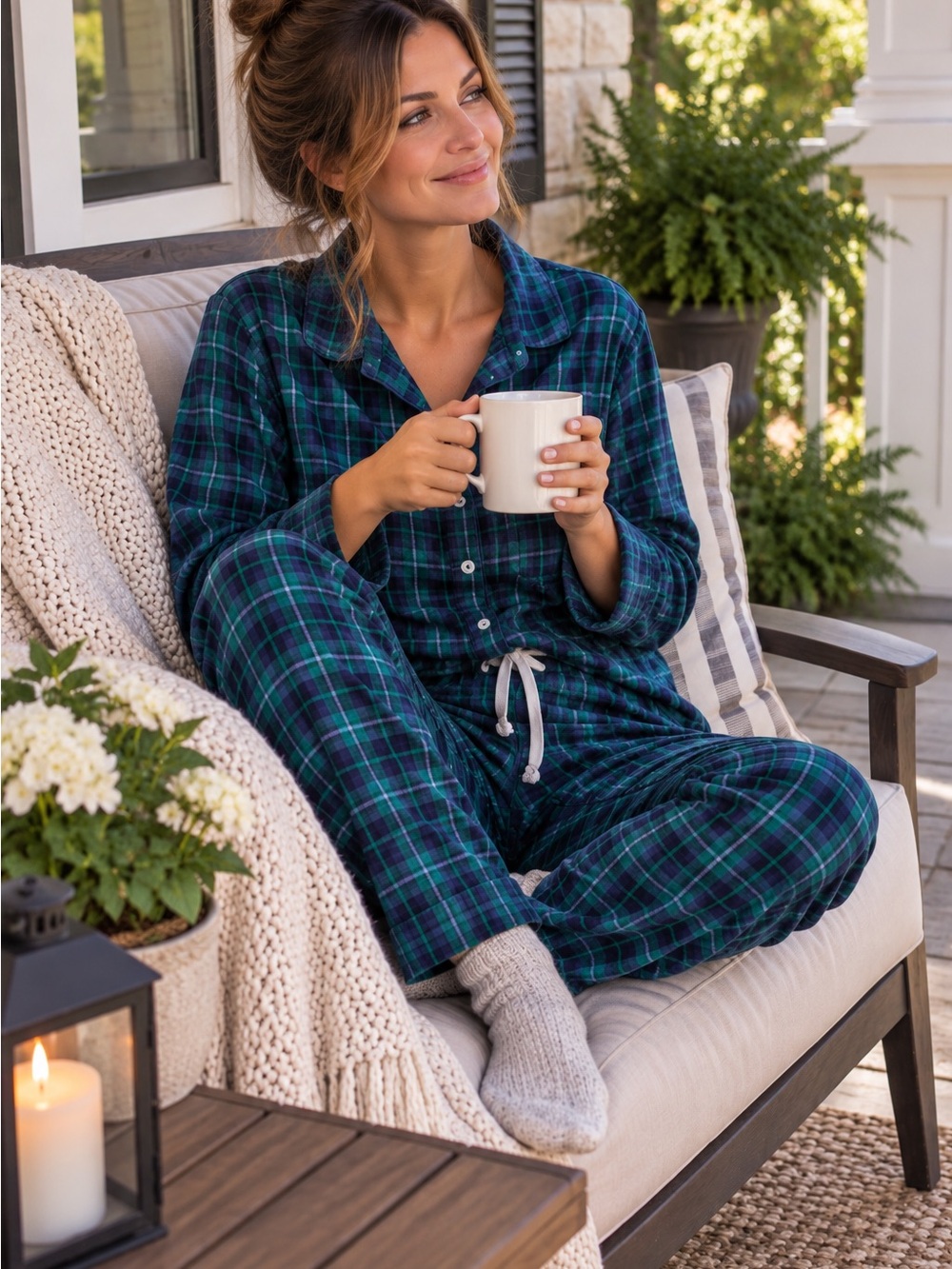 aerie Green & Blue Plaid Cotton Pajama Set Sz M - NWT